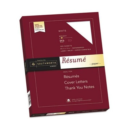 Southworth Co Southworth, 100% COTTON RESUME PAPER, 95 BRIGHT, 24 LB, 8.5 X 11, WHITE, 100PK R14CF